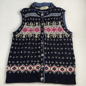 LL Bean Vintage Fair Isle Wool Sweater Vest Navy Pink Nordic Button Front M USA